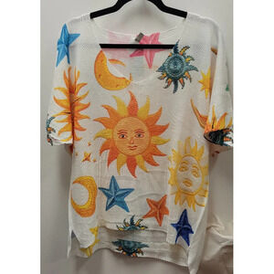 L7 V-SS Loowie Celestial Sun & Moon Printed Knit Top | V-Neck  | One Size S-L